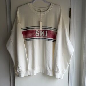 Z Supply Womens Sweatshirt Cream‎ Ski Graphic Oversized Pullover 1X *small flaw*